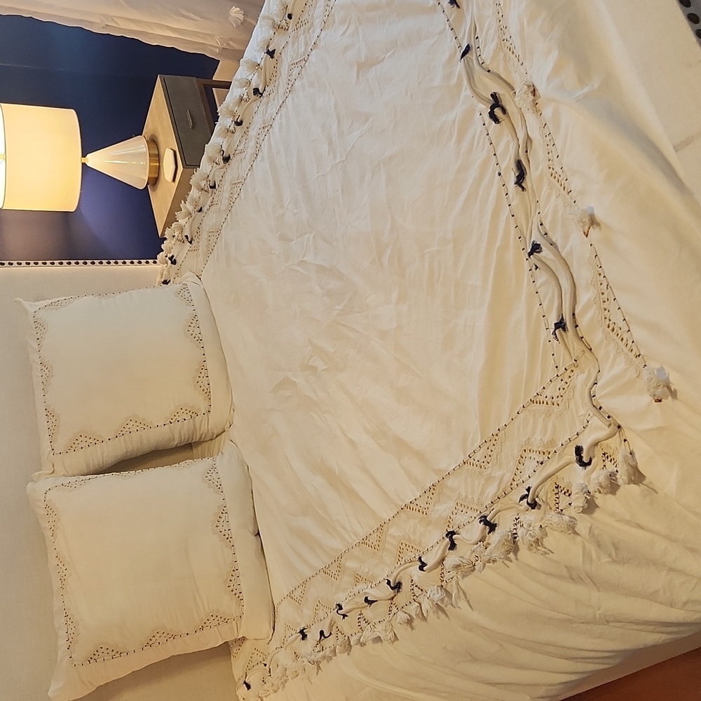 Anthropologie Queen Romula Duvet Vineet Bahl PLUS 2 Shams Cream Navy RARE